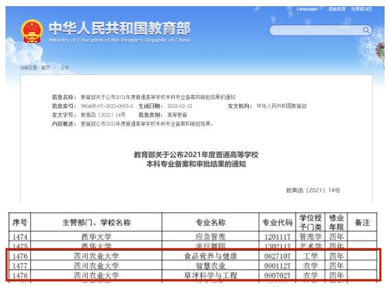 权威！教育部发布通知：四川农业大学新增3个本科专业，个个“热门”！