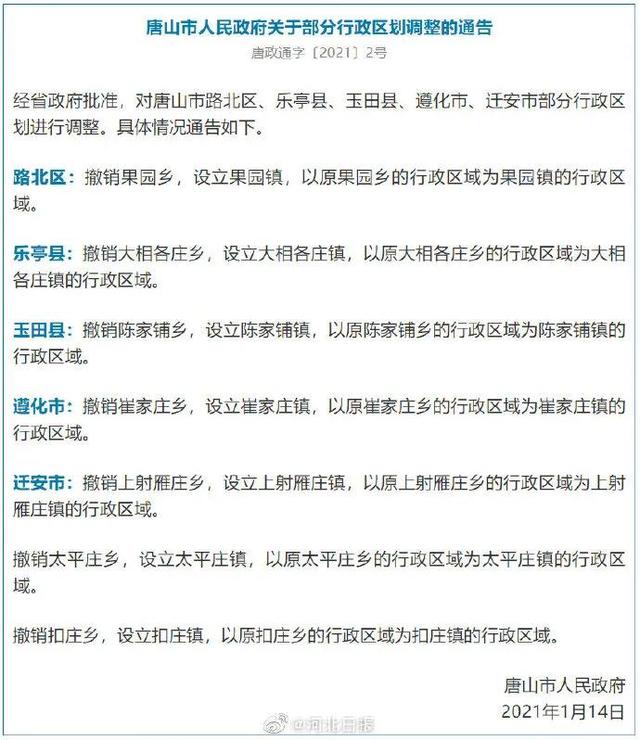 唐山5县市区部分行政区划调整（唐山5县市区部分行政区划调整的意义）
