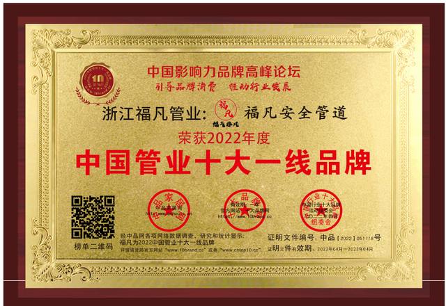 十大品牌网_福凡管道荣获2022中国管业-管道-家装水管-管材一线十大品牌